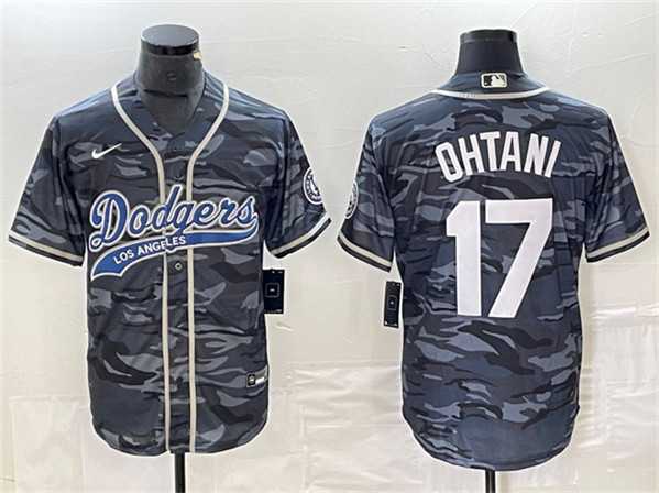Men%27s Los Angeles Dodgers #17 Shohei Ohtani Gray Camo Cool Base With Patch Stitched Jersey->los angeles dodgers->MLB Jersey